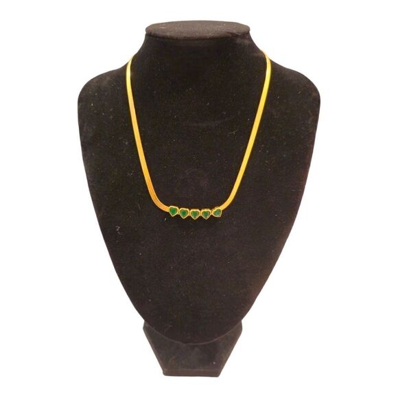 Green Hearts Stainless Steel Crystal Gold-tone Snake Chain Choker Necklace - Picture 12 of 13